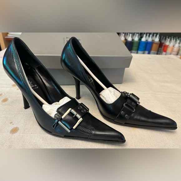 Antonio Ebola Pointy Toe Zipper/Buckle Black Pumps - Made In Italy - Picture 4 of 6